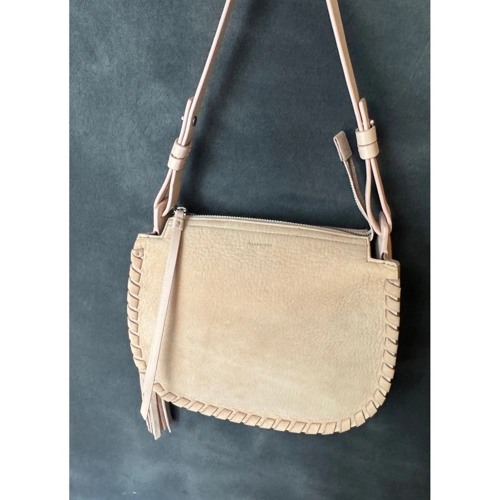 AllSaints Leather Suede Crossbody Bag Beige Tan Tassel Fringe Festival Boho Fall - Picture 2 of 14